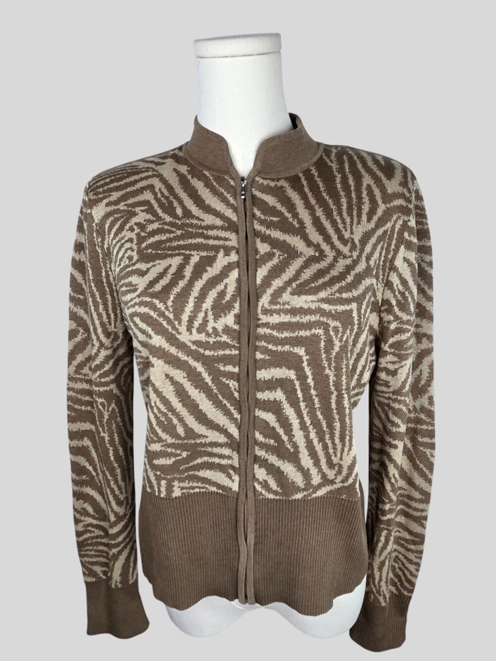 Ming Wang Zebra Print Knit Cardigan Jacket Brown Tan Zip Front Sz Medium EUC